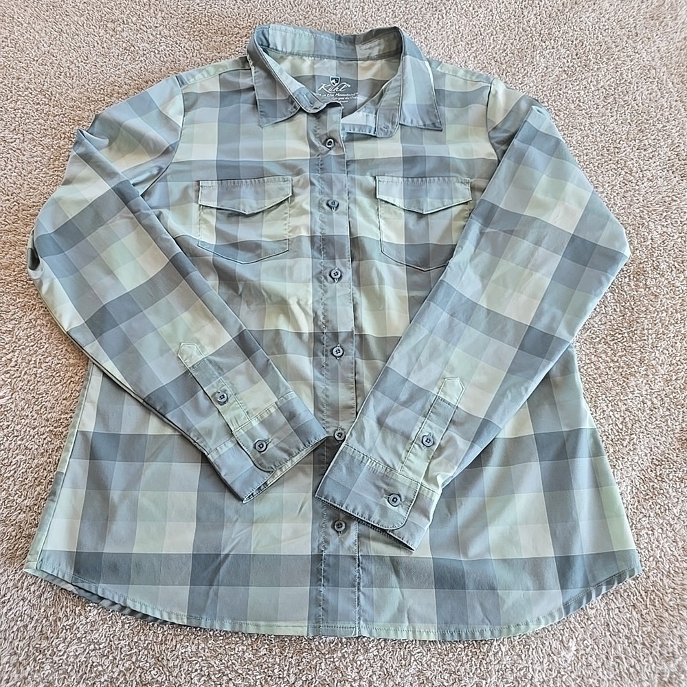 Kuhl Women's Kamp Long Sleeve Plaid Button-Up Lightweight Shirt Jade Green Sz M